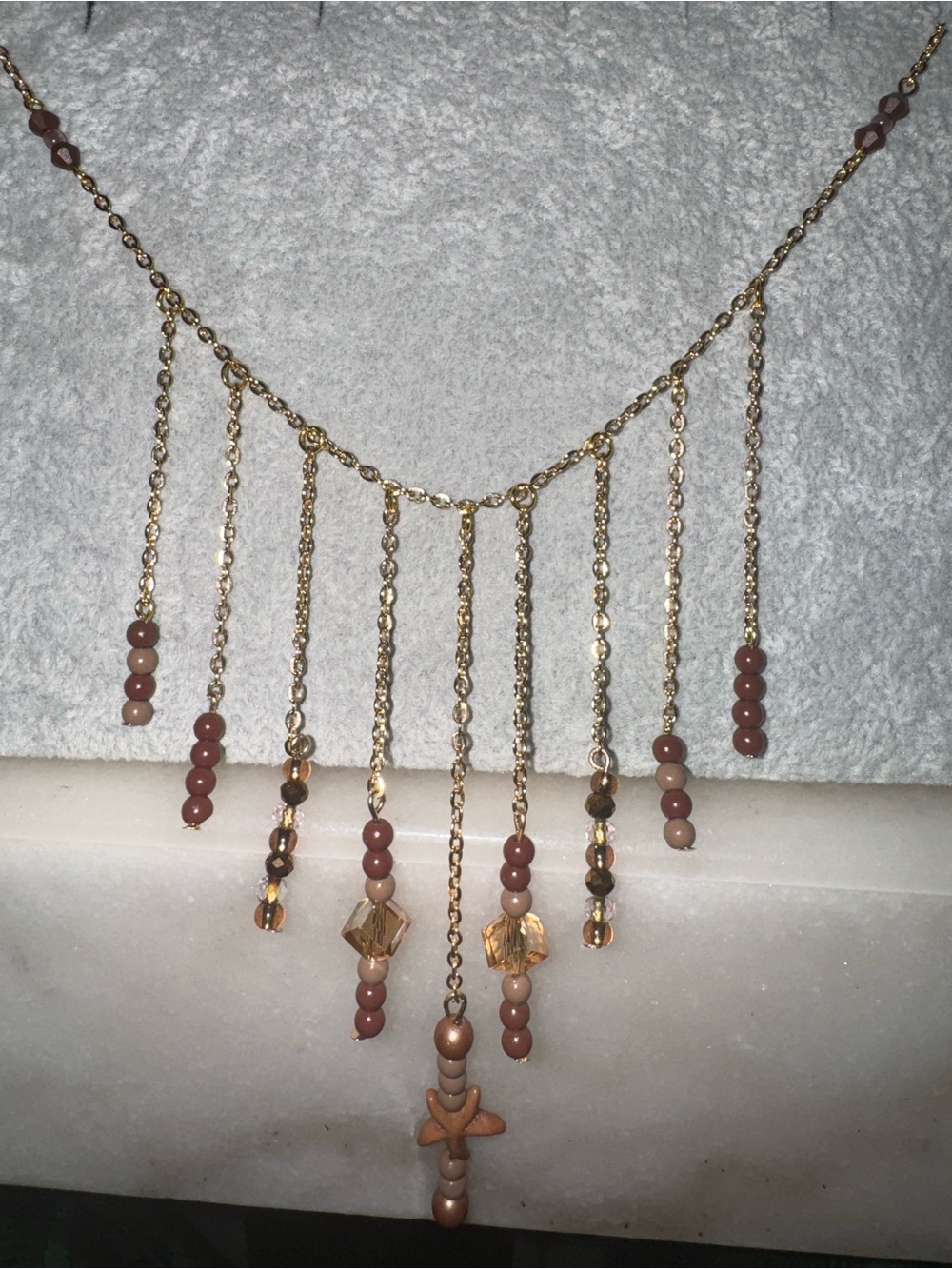 Gold Chain Fringe Necklace with Brown and tan beads. (Handmade) (cross posted)
